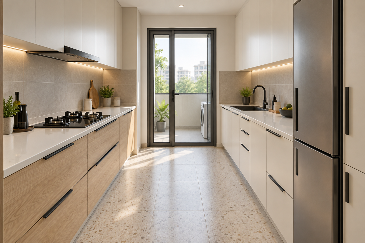 Parallel kitchen concept with oak and ivory cabinetry and a glazed utility door