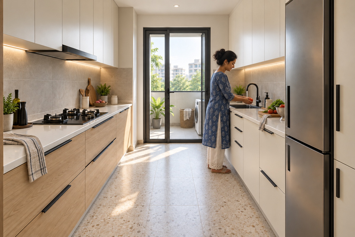 Indian homeowner rinsing a tomato at the sink in an oak and ivory parallel kitchen