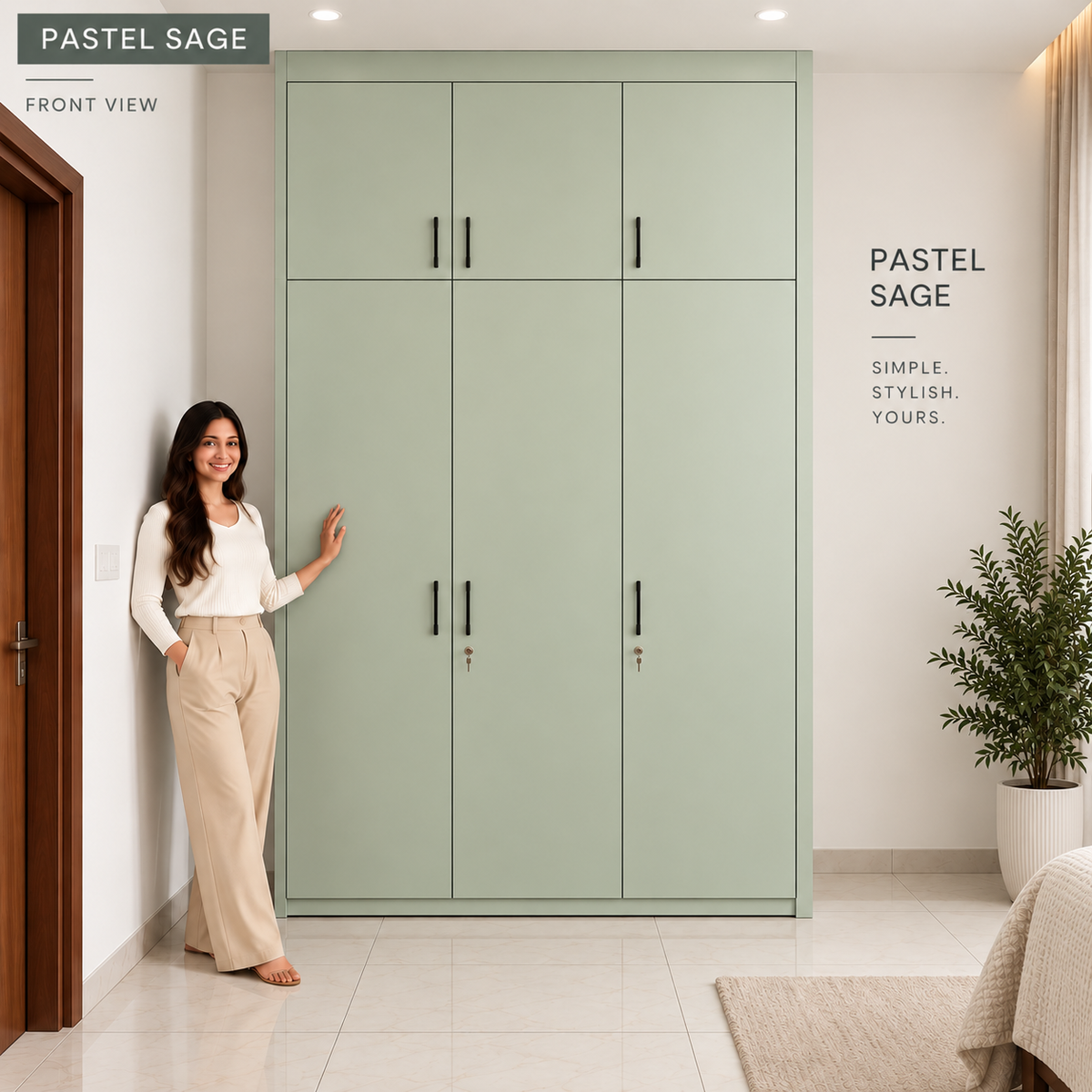 Right Work Pastel Sage 3 door modular wardrobe front view with overhead storage