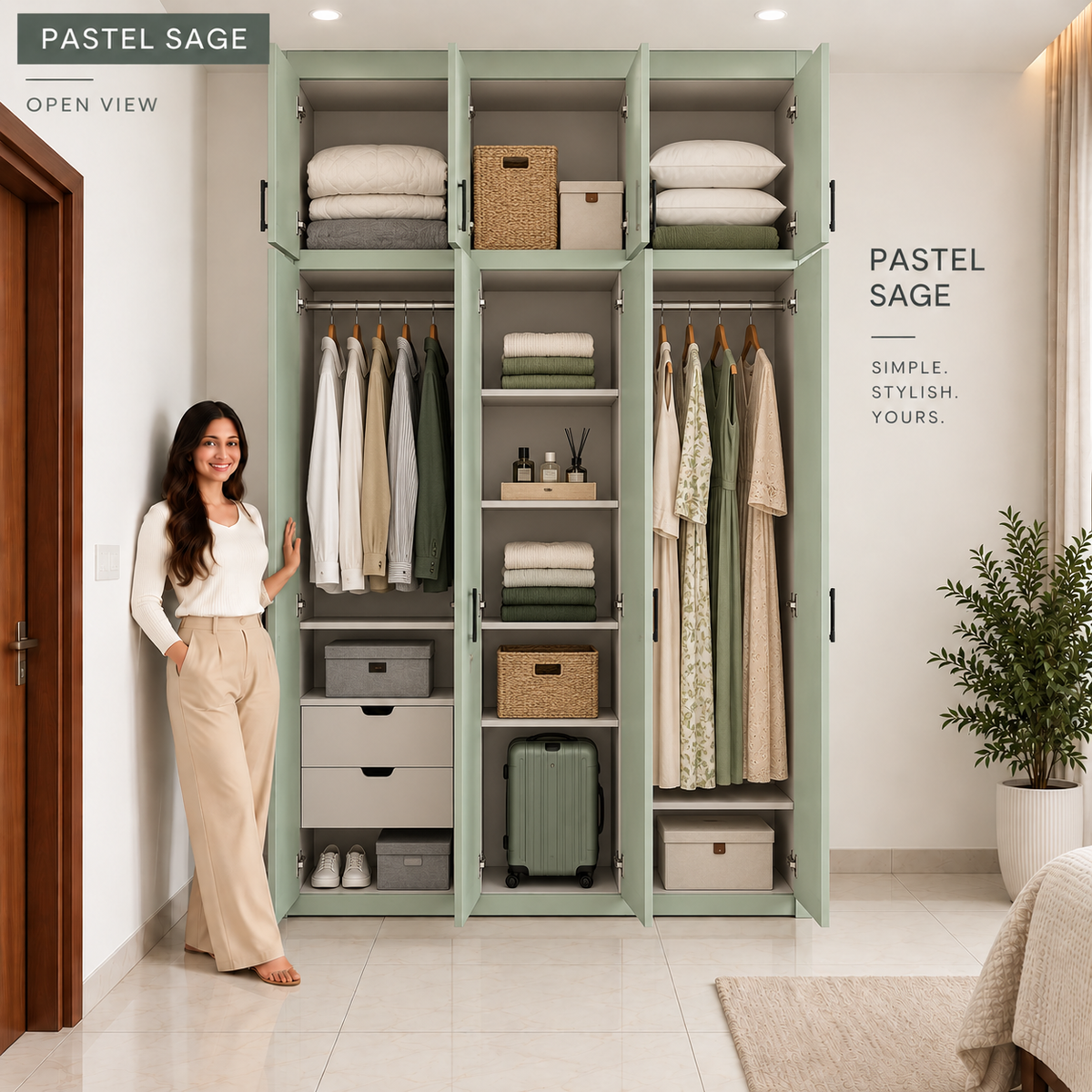 Right Work Pastel Sage 3 door modular wardrobe open interior view with shelves hanging and drawers