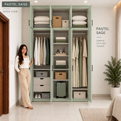 Right Work Pastel Sage 3 door modular wardrobe open interior view with shelves hanging and drawers