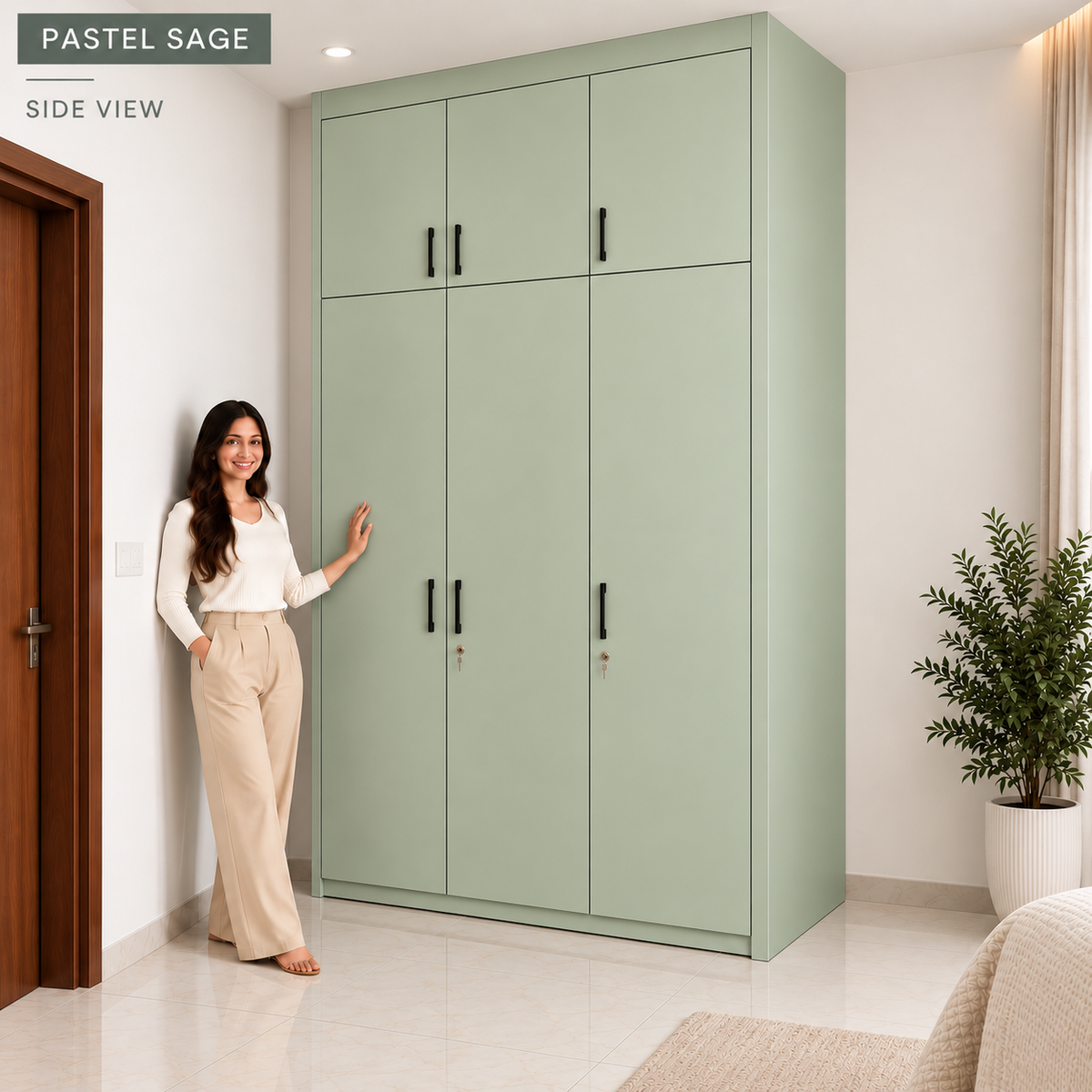Right Work Pastel Sage 3 door modular wardrobe side angle view