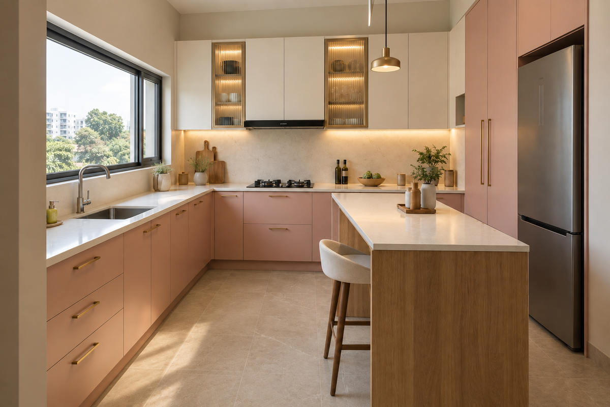 Second view of the blush G-shaped kitchen and breakfast peninsula