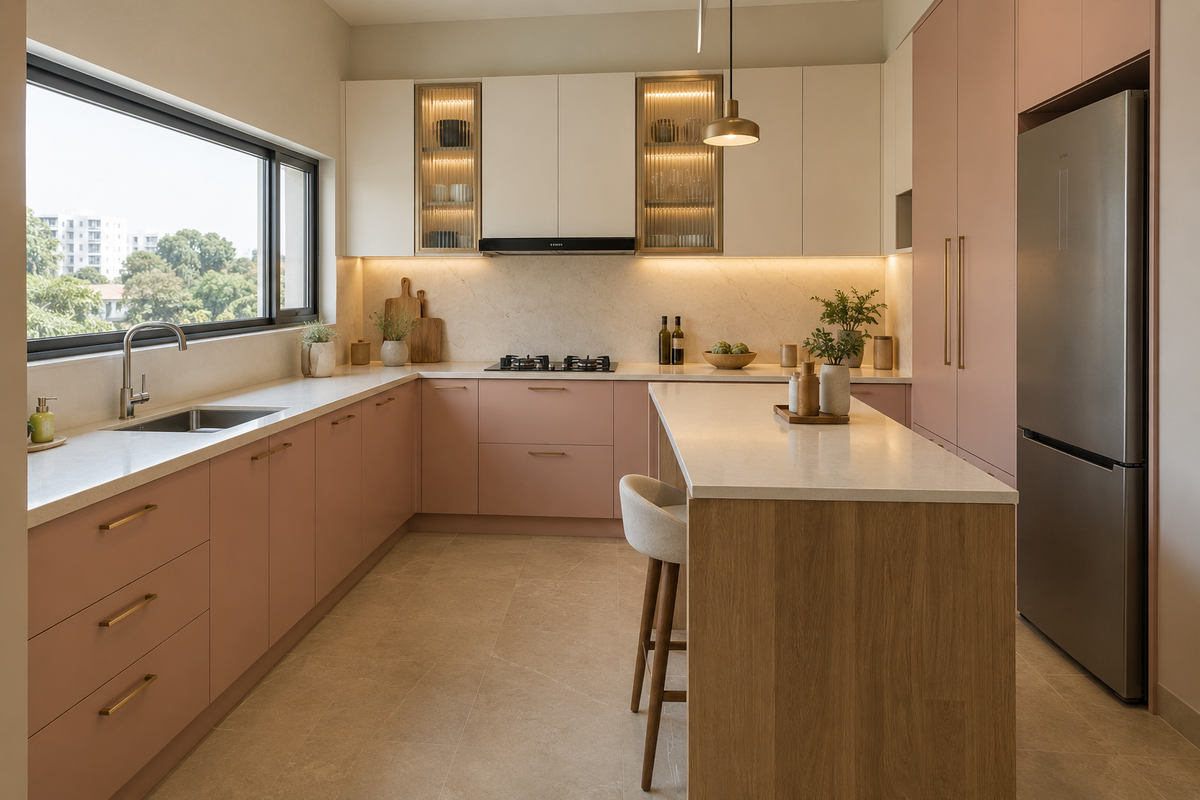 Blush peninsula kitchen with fluted glass wall cabinets and pale quartz counters