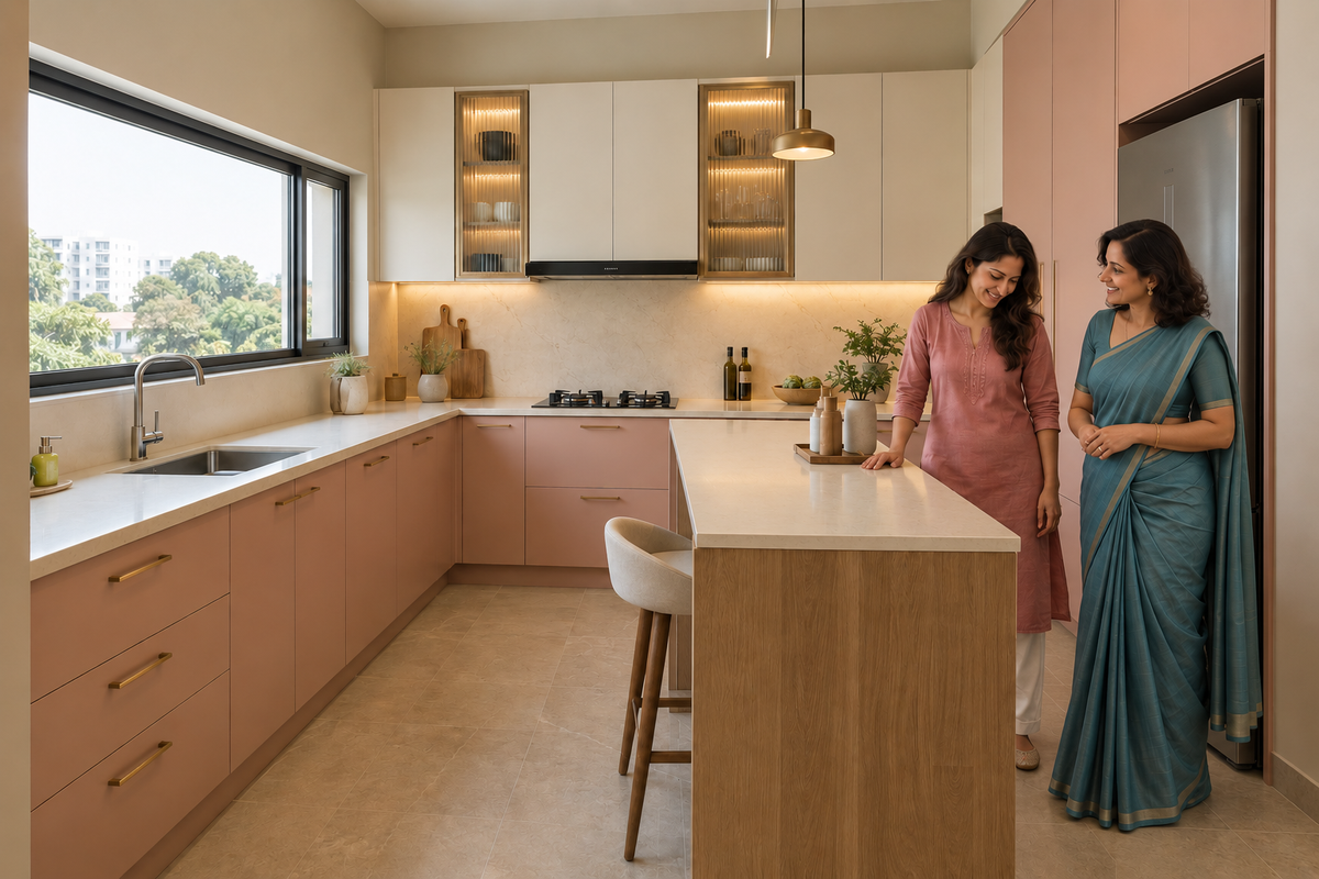 Two smiling Indian women admiring the blush peninsula kitchen