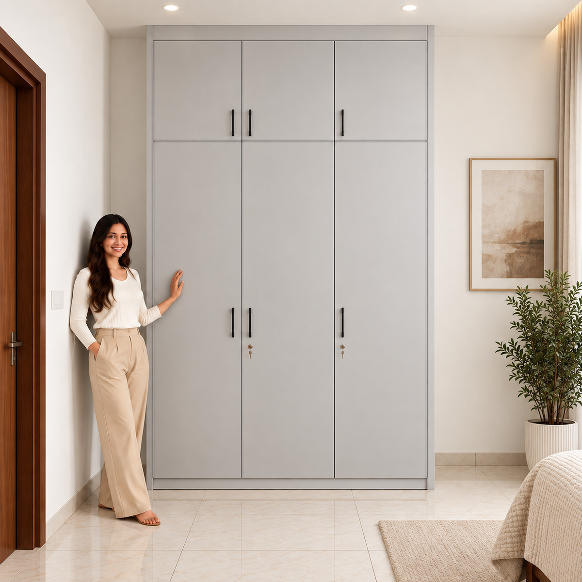 Pearl Grey 3 Door Modular Wardrobe Front View – Right Work Interior Bangalore