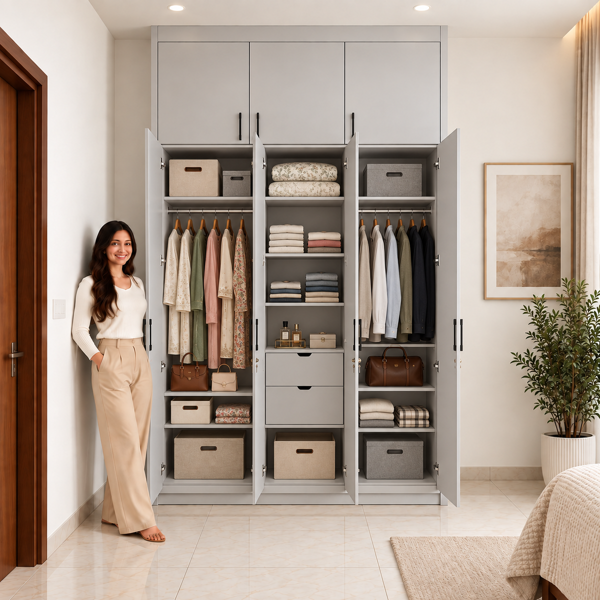 Pearl Grey 3 Door Modular Wardrobe Interior Storage View – Right Work Interior Bangalore