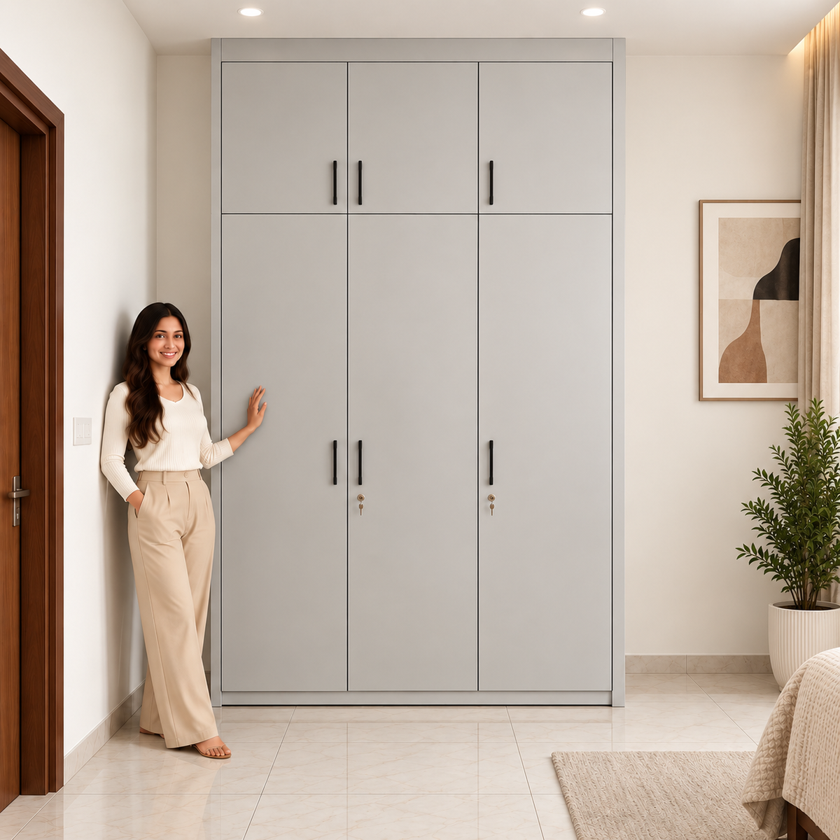 Pearl Grey 3 Door Modular Wardrobe Side View – Right Work Interior Bangalore