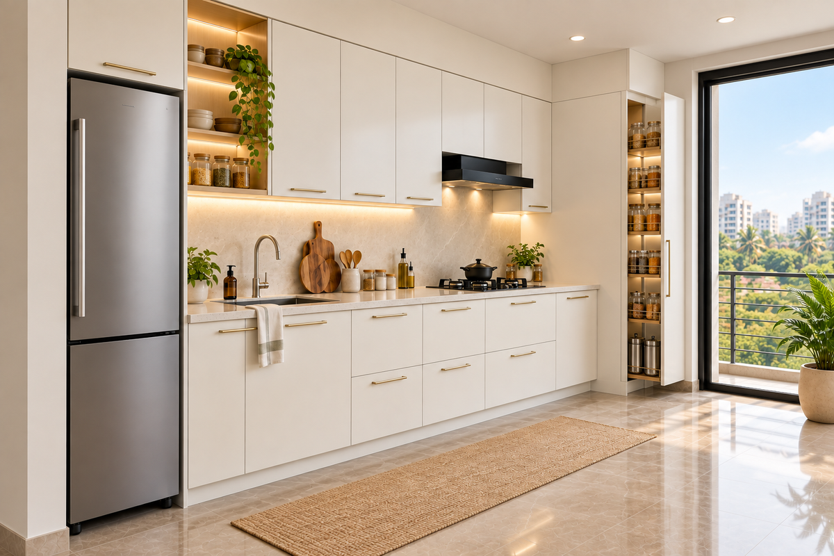 Second angle of Pearl Straight modular kitchen in Pearl White & Champagne