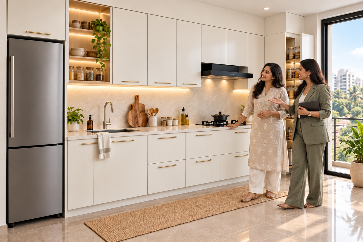 Indian homeowners with the Pearl Straight modular kitchen in Pearl White & Champagne