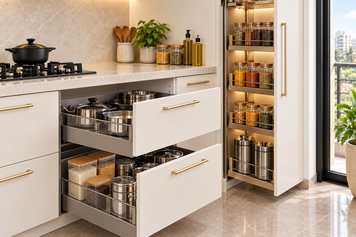 Cabinet and storage detail in Pearl Straight modular kitchen