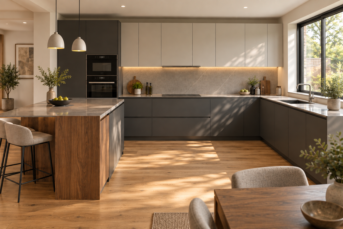 Second view of a charcoal kitchen with grey quartz counters and a window-side sink