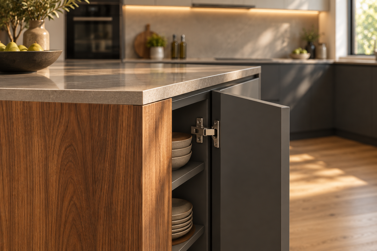 Walnut peninsula corner with quartz edging and an open charcoal storage cupboard