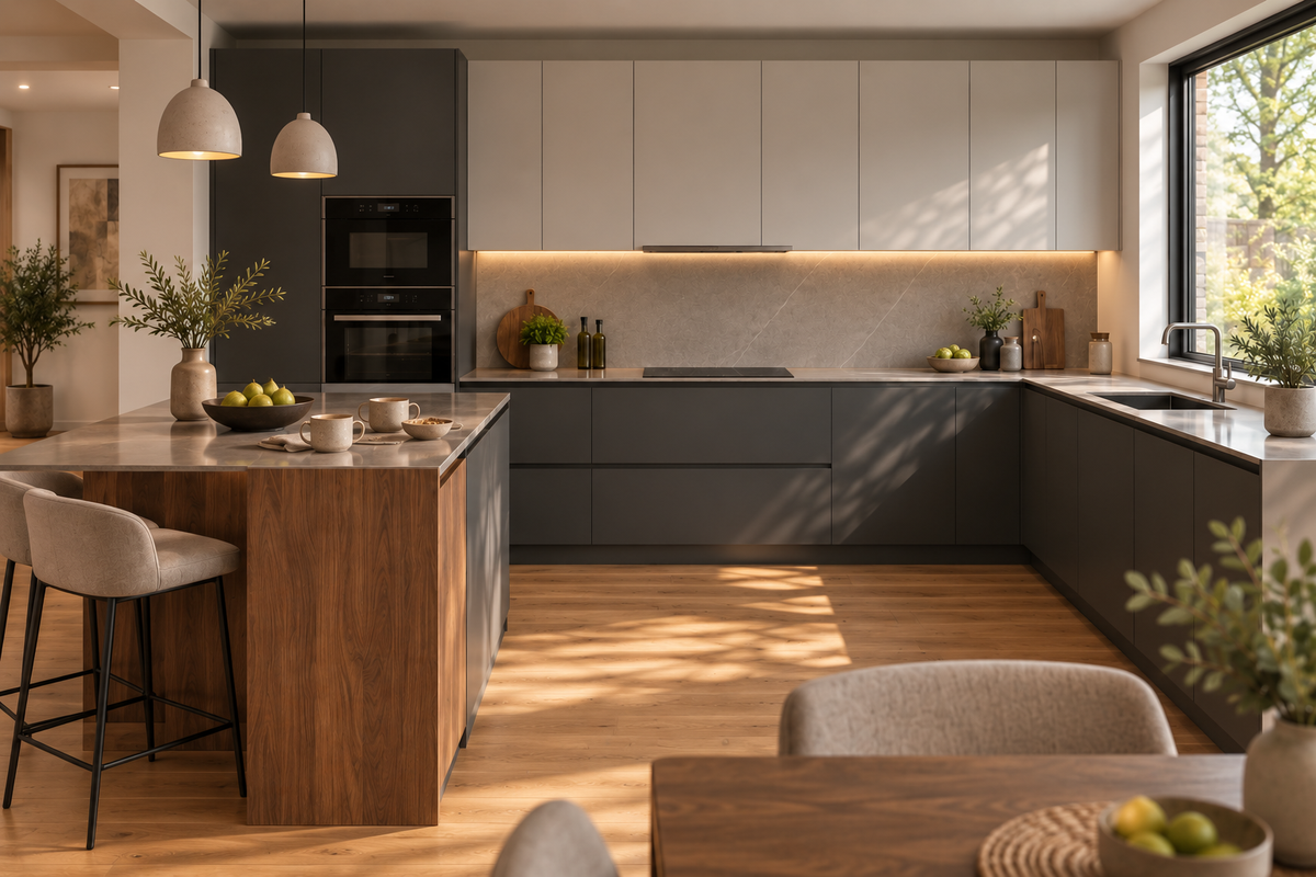 Breakfast cups on a walnut-clad peninsula in a contemporary charcoal kitchen