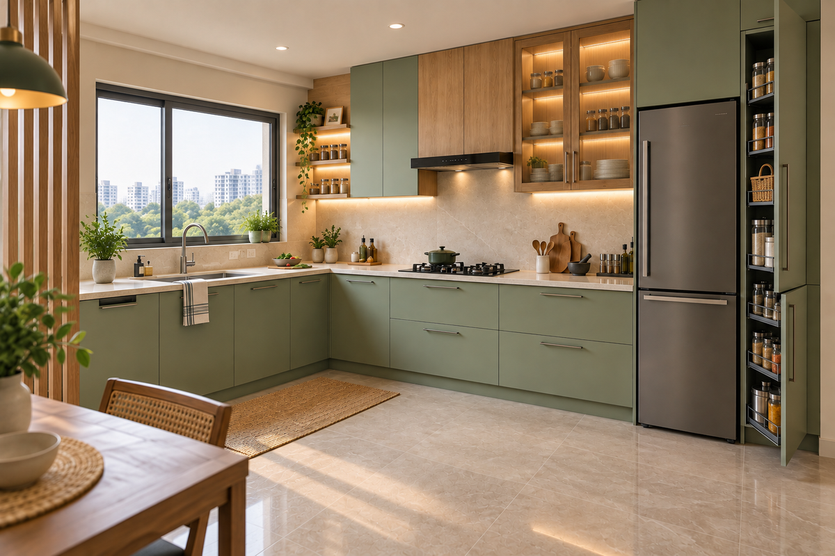 Second angle of Prime L-Shape modular kitchen in Sage & Oak
