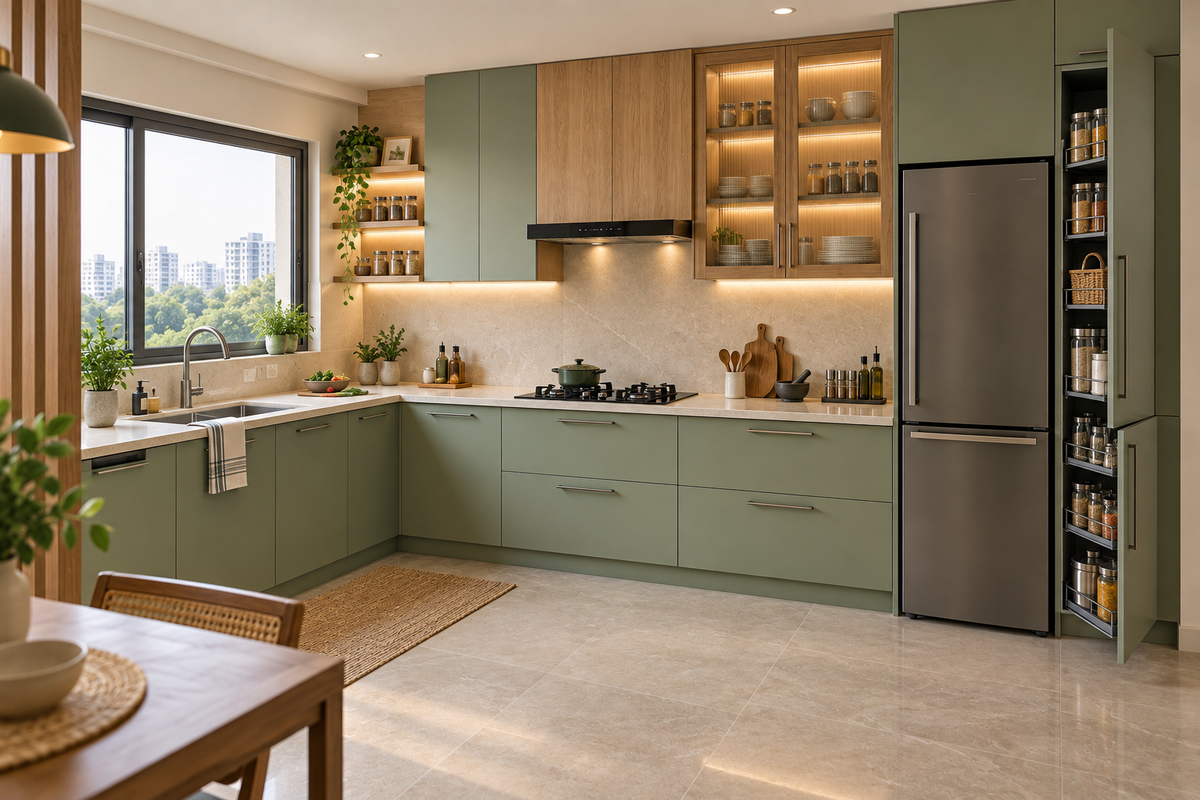 Prime L-Shape modular kitchen in Sage & Oak by Right Work Interior Bangalore