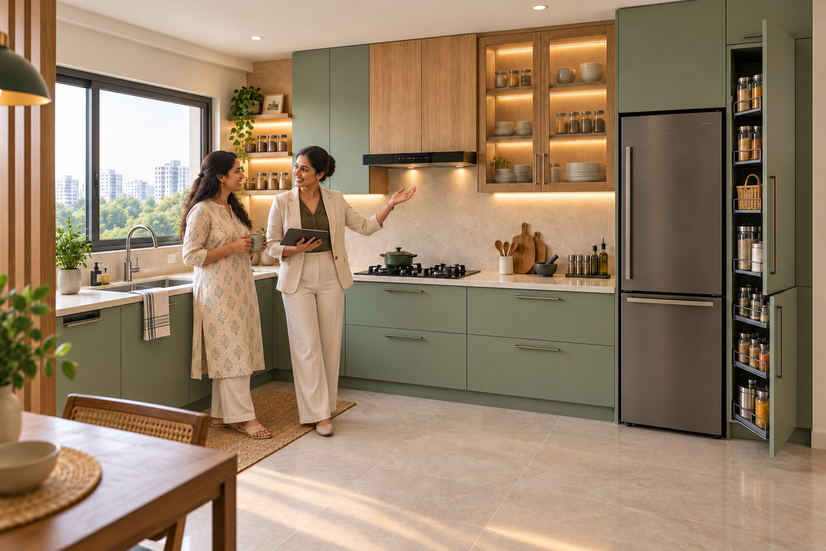 Indian homeowners with the Prime L-Shape modular kitchen in Sage & Oak