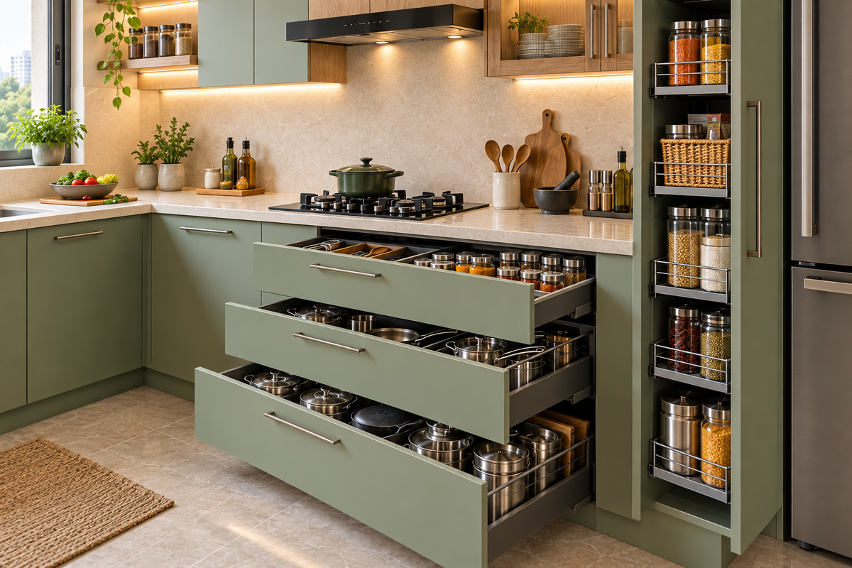 Cabinet and storage detail in Prime L-Shape modular kitchen