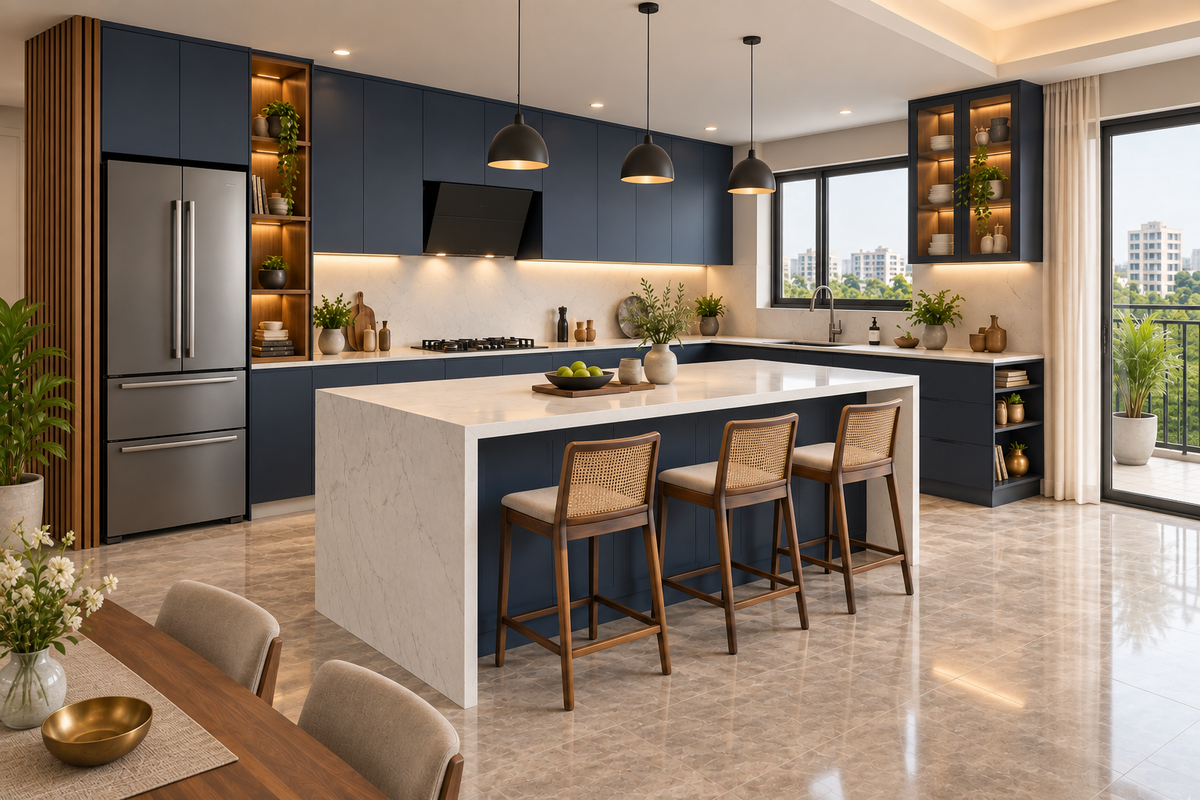 Second angle of Regal navy and quartz island kitchen