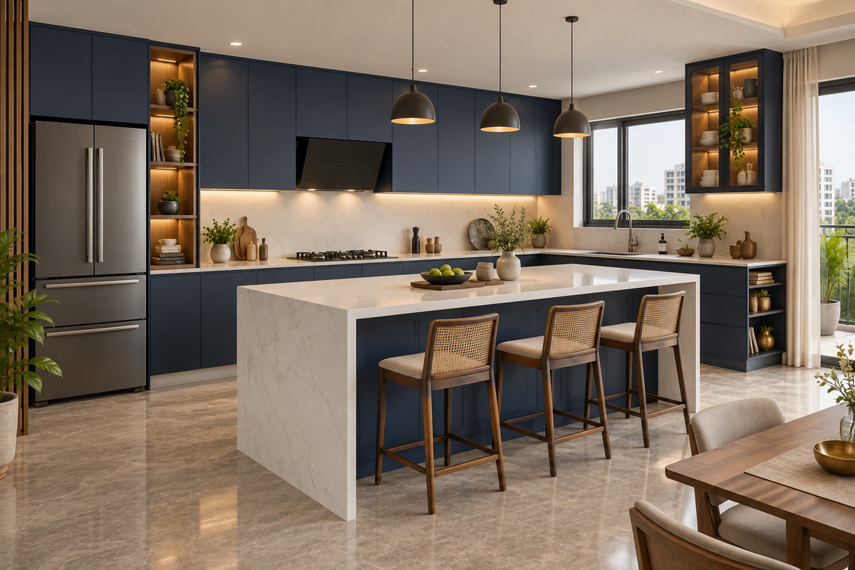 Regal navy and quartz island modular kitchen