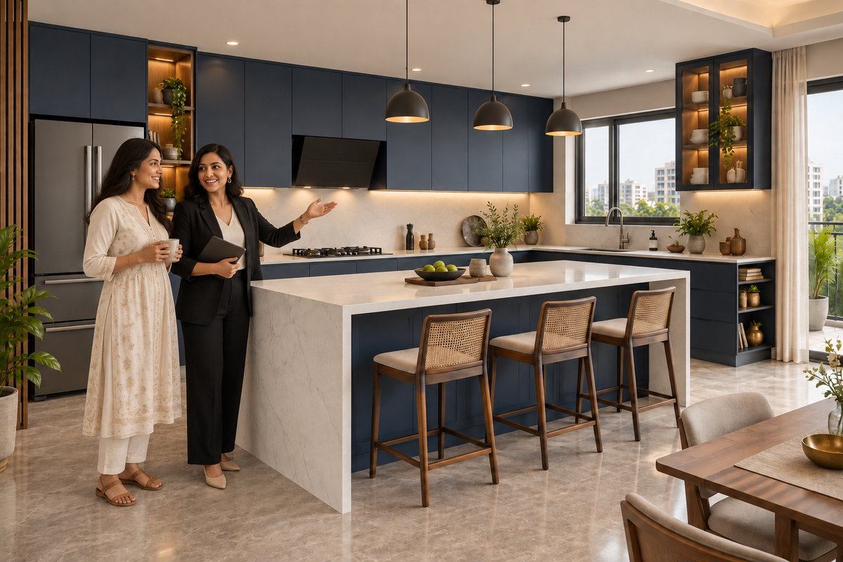 Two Indian women admiring Regal modular kitchen