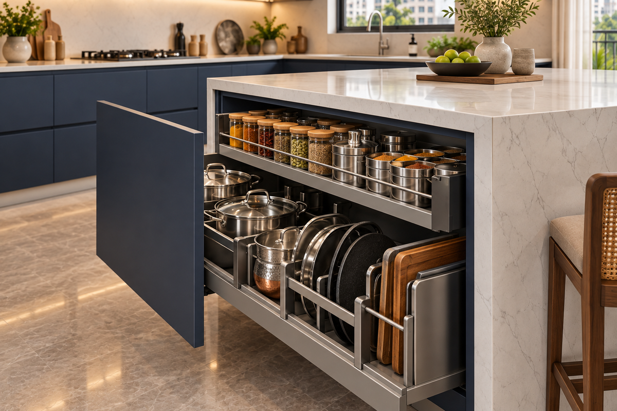Indian cookware storage detail in Regal kitchen