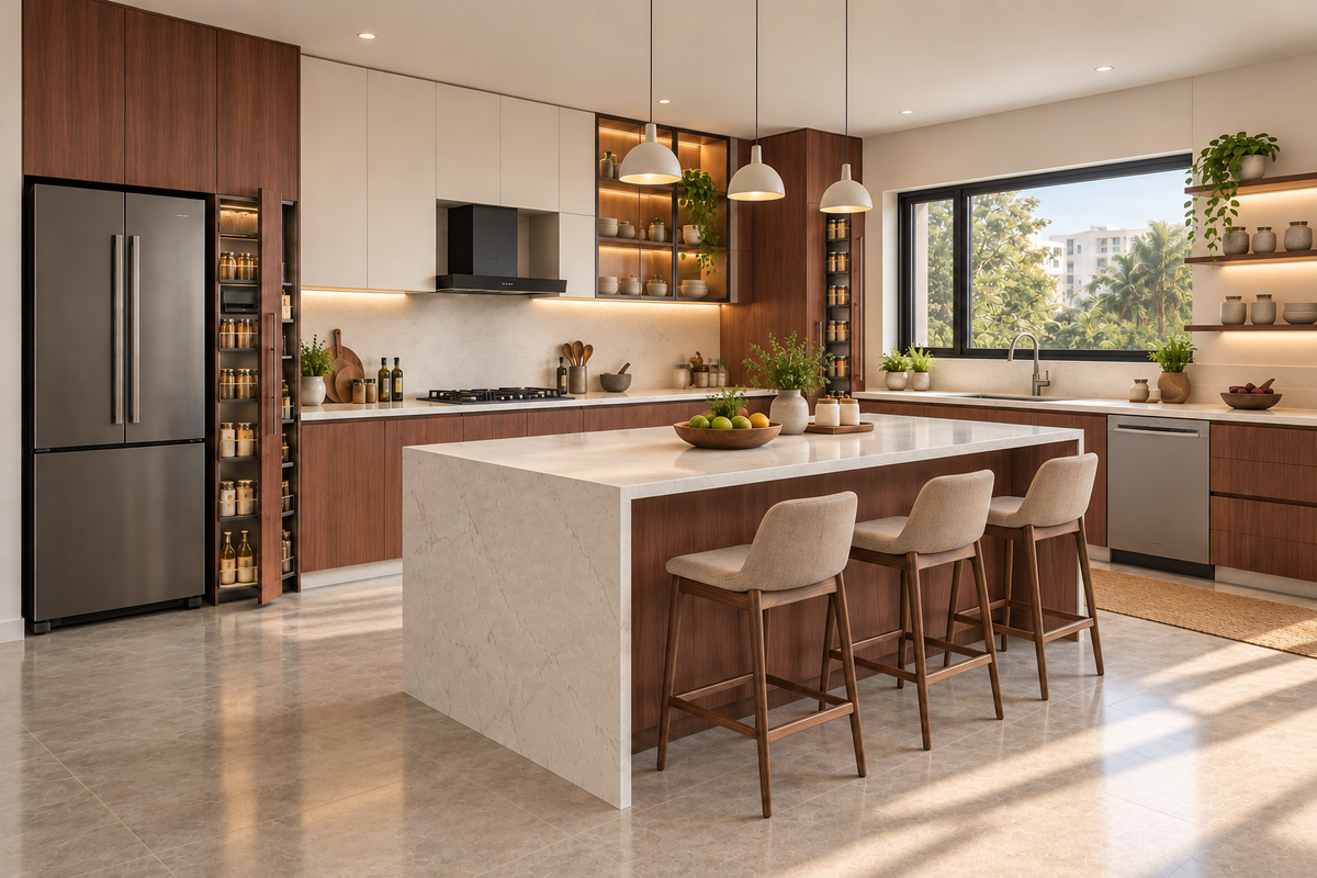Second angle of Rosewood Island modular kitchen in Rosewood & Warm White