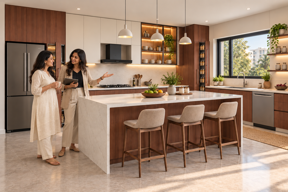 Indian homeowners with the Rosewood Island modular kitchen in Rosewood & Warm White