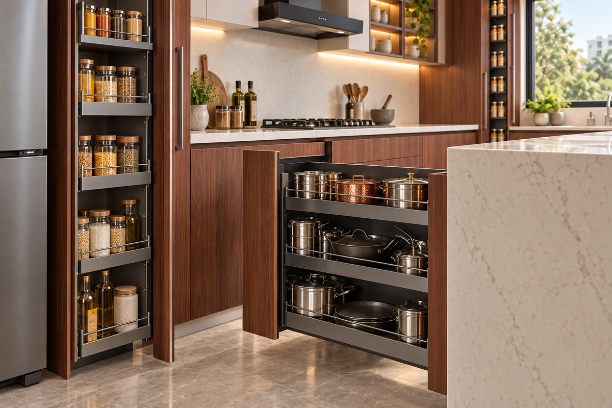 Cabinet and storage detail in Rosewood Island modular kitchen