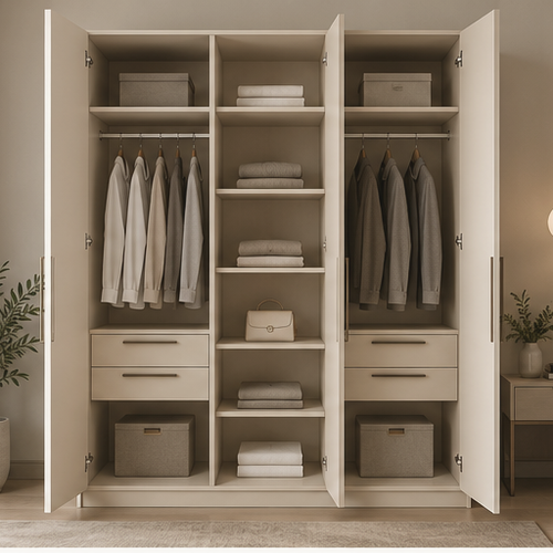 Sand Beige 3 Door Wardrobe open interior view by Right Work Interior Bangalore