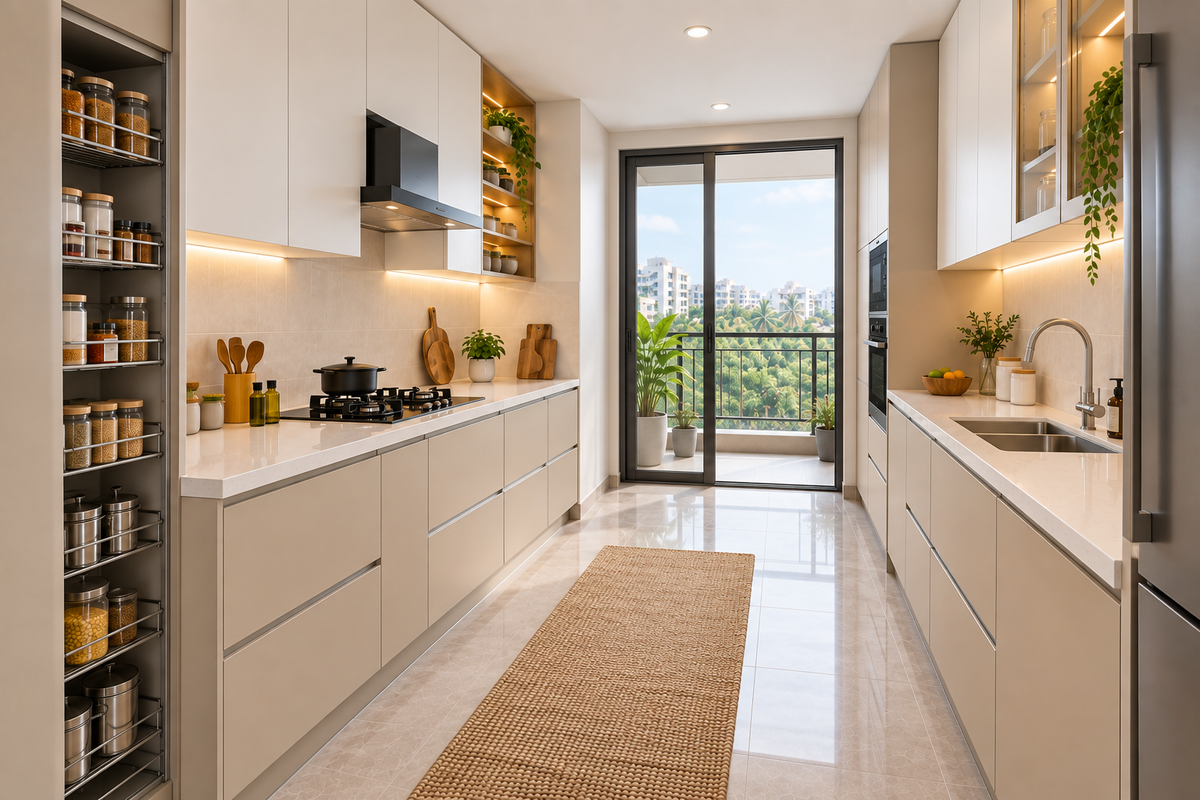 Second angle of Sand Parallel modular kitchen in Sand Beige & White