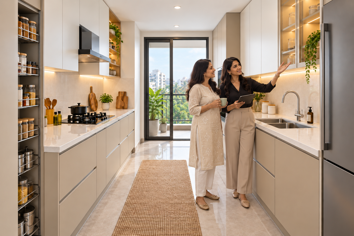 Indian homeowners with the Sand Parallel modular kitchen in Sand Beige & White