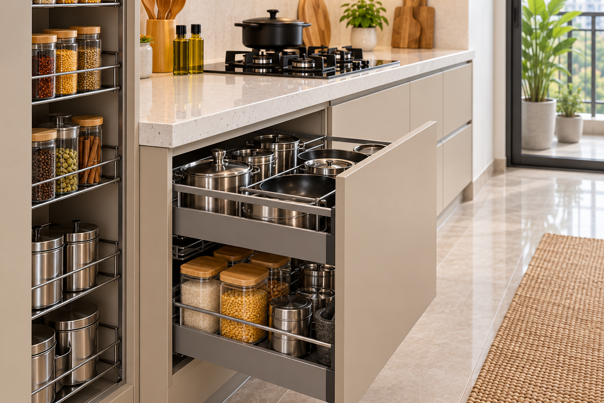 Cabinet and storage detail in Sand Parallel modular kitchen
