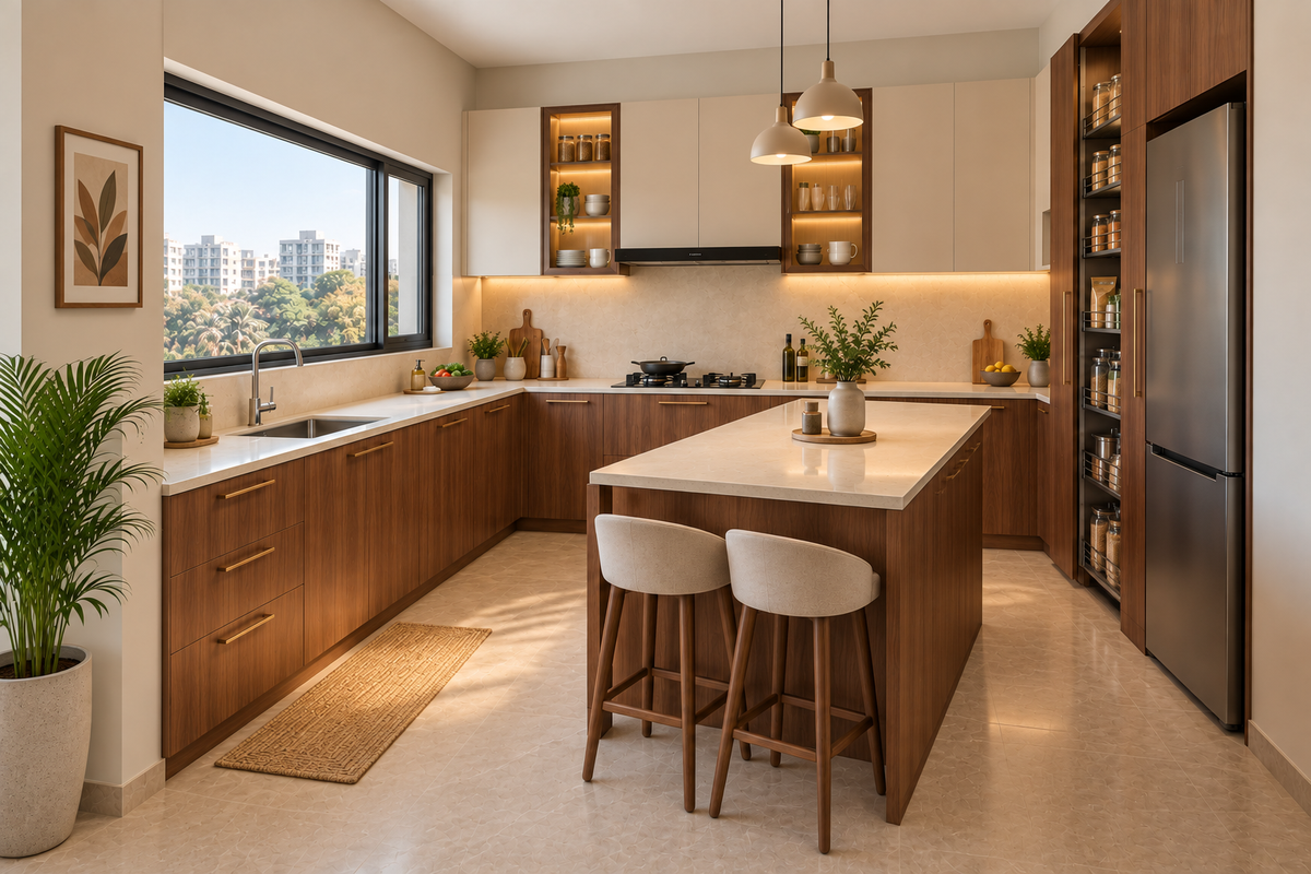 Second angle of Sequoia Peninsula modular kitchen in Walnut & Beige