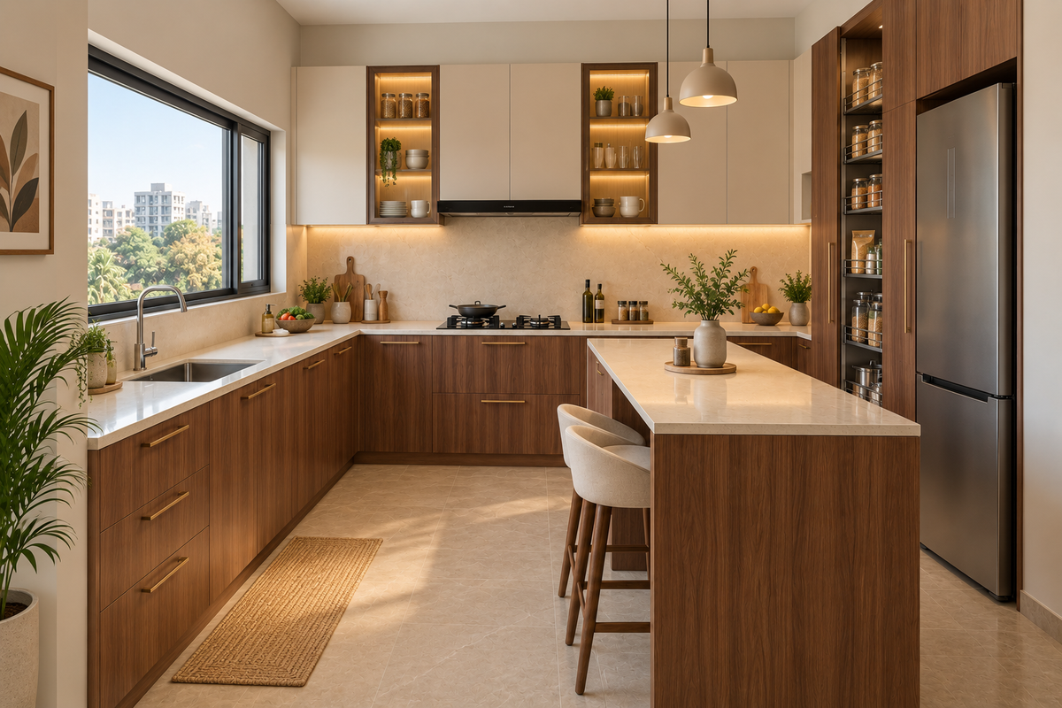 Sequoia Peninsula modular kitchen in Walnut & Beige by Right Work Interior Bangalore