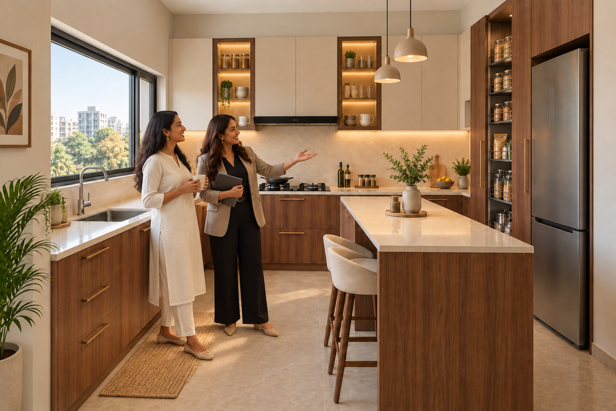 Indian homeowners with the Sequoia Peninsula modular kitchen in Walnut & Beige