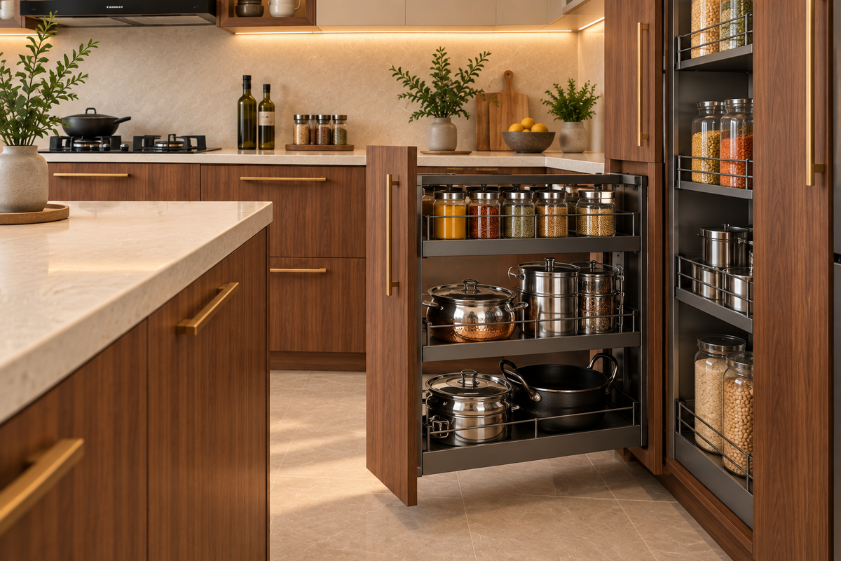 Cabinet and storage detail in Sequoia Peninsula modular kitchen