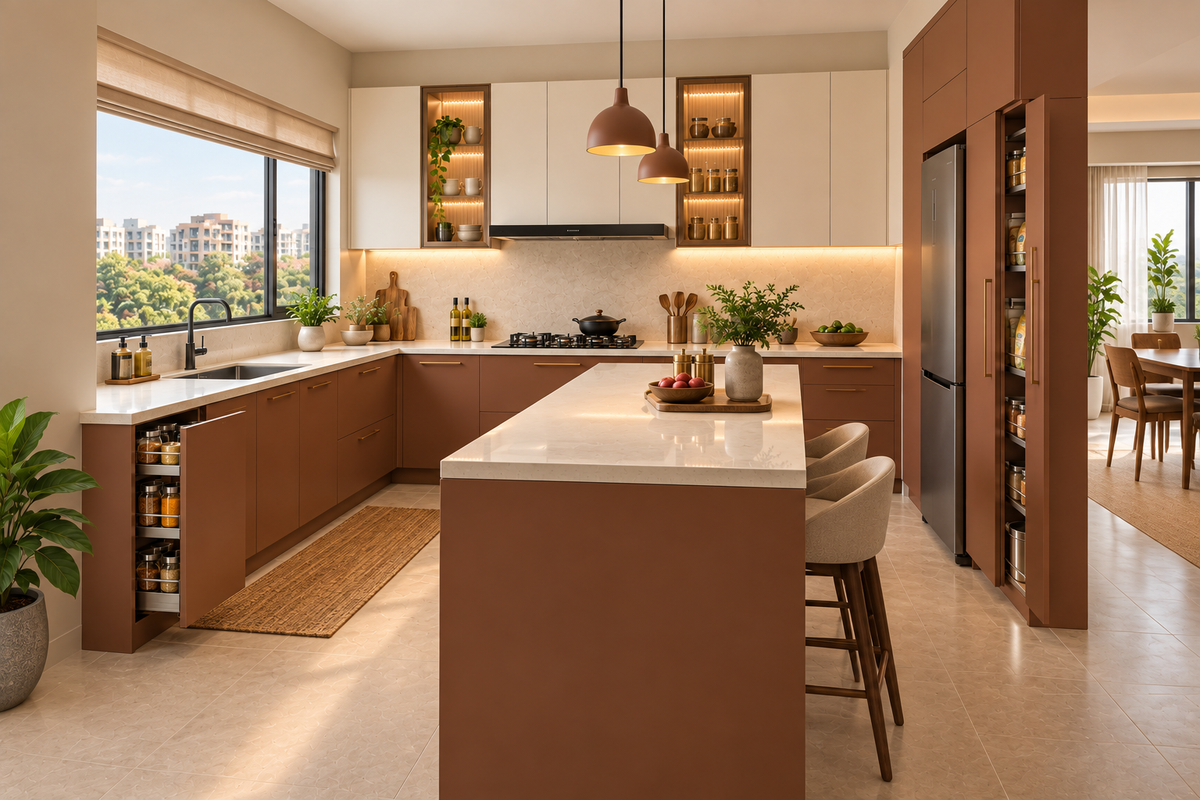 Second angle of Sienna Peninsula modular kitchen in Sienna Brown & Cream