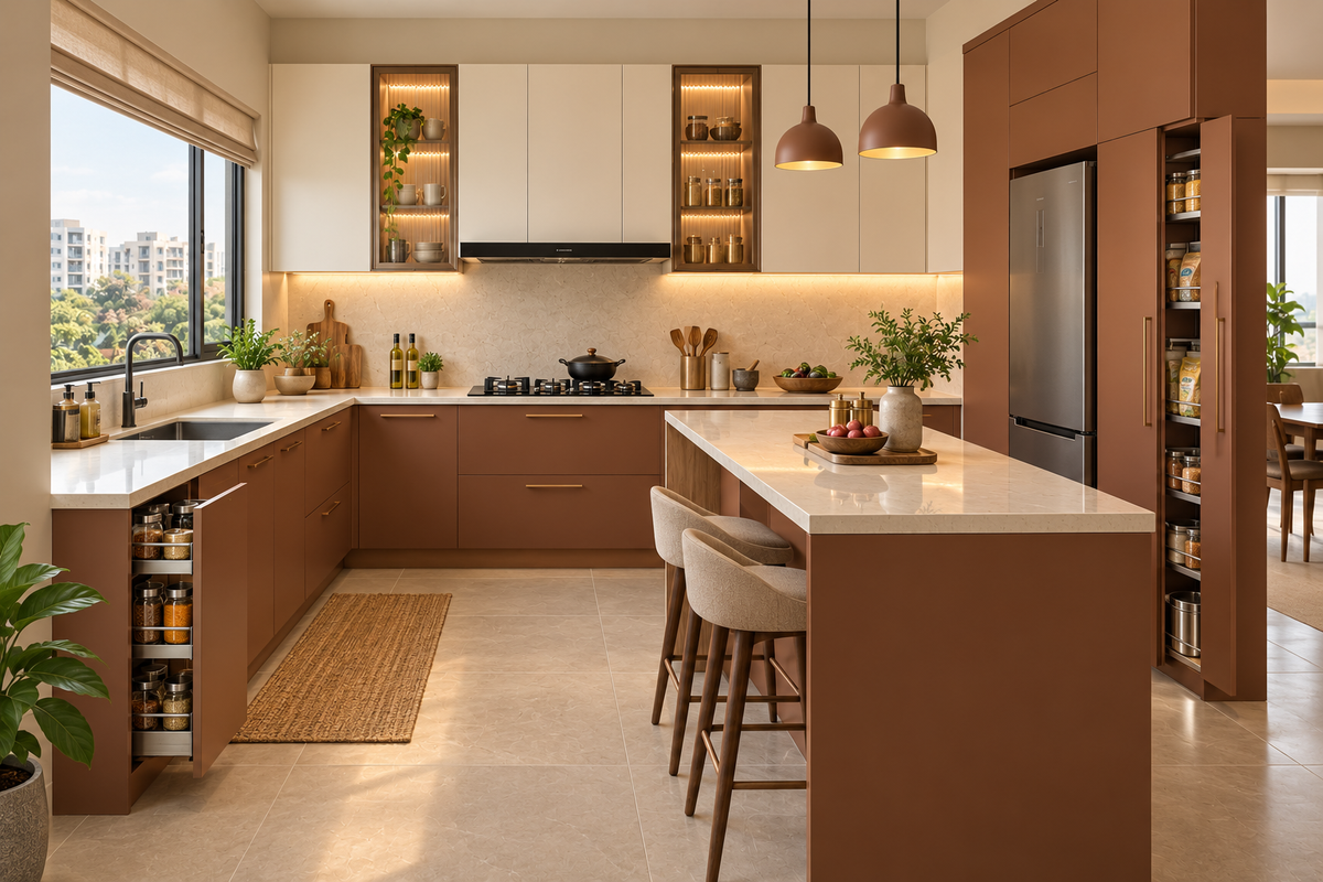 Sienna Peninsula modular kitchen in Sienna Brown & Cream by Right Work Interior Bangalore