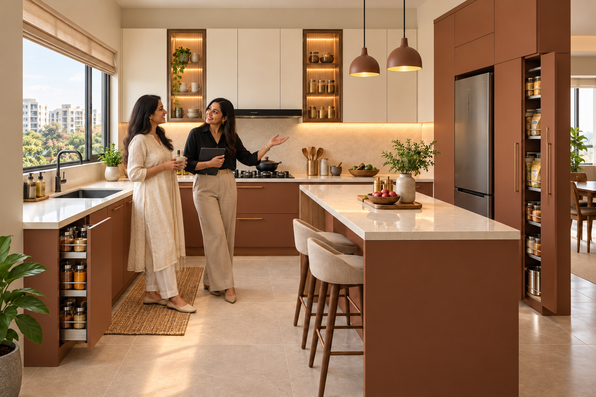 Indian homeowners with the Sienna Peninsula modular kitchen in Sienna Brown & Cream