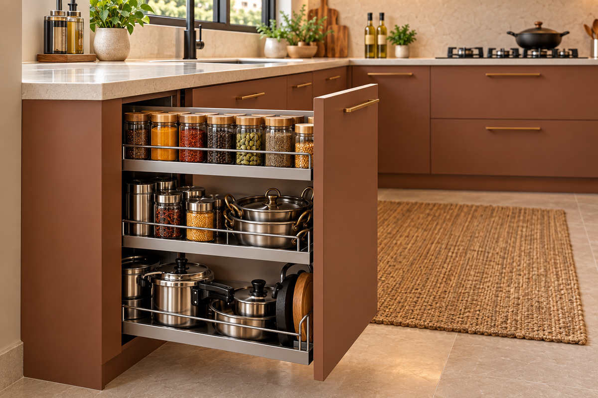 Cabinet and storage detail in Sienna Peninsula modular kitchen