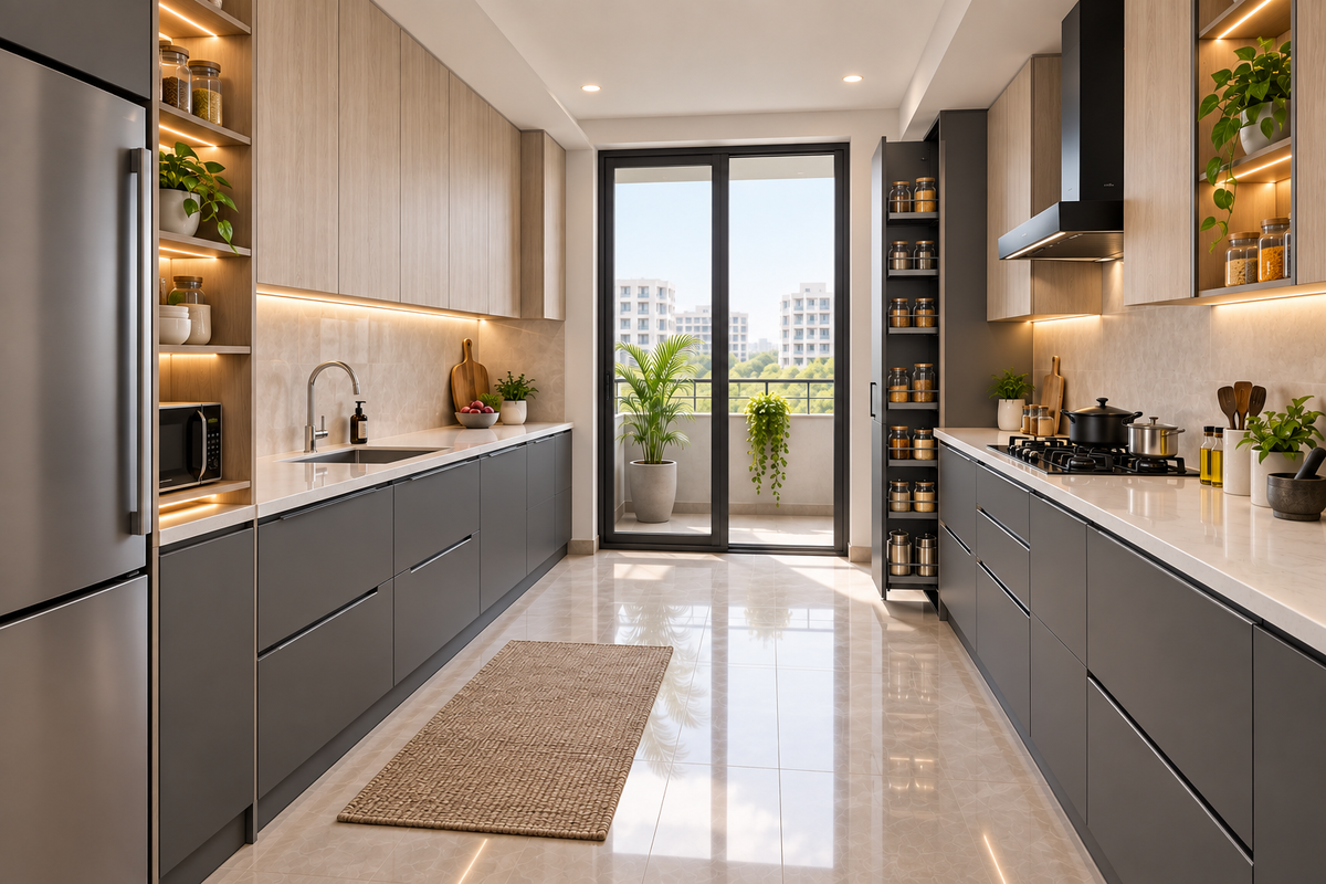 Second angle of Slate Parallel modular kitchen in Slate Grey & Ash Oak