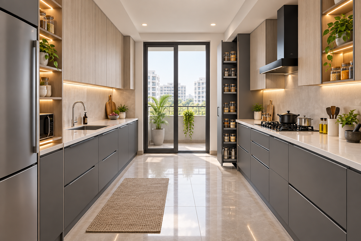 Slate Parallel modular kitchen in Slate Grey & Ash Oak by Right Work Interior Bangalore