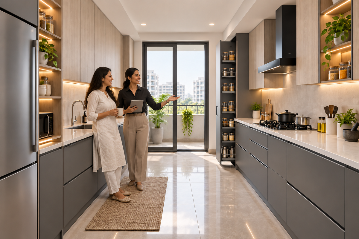 Indian homeowners with the Slate Parallel modular kitchen in Slate Grey & Ash Oak