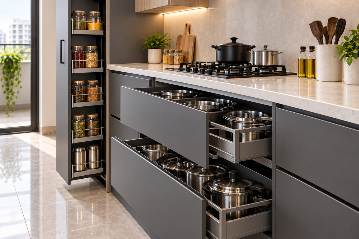 Cabinet and storage detail in Slate Parallel modular kitchen