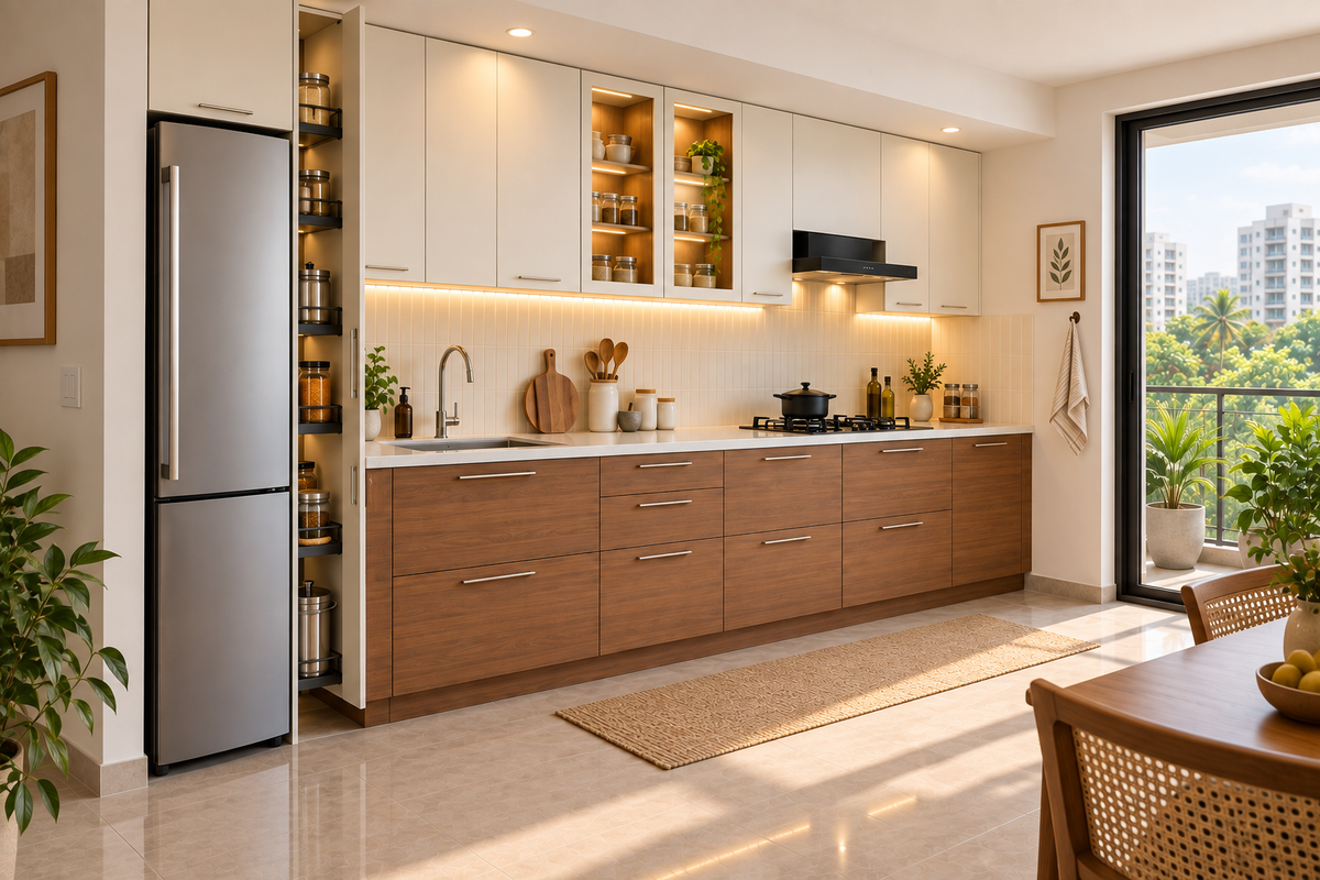 Second angle of Sterling Straight modular kitchen in Warm White & Teak