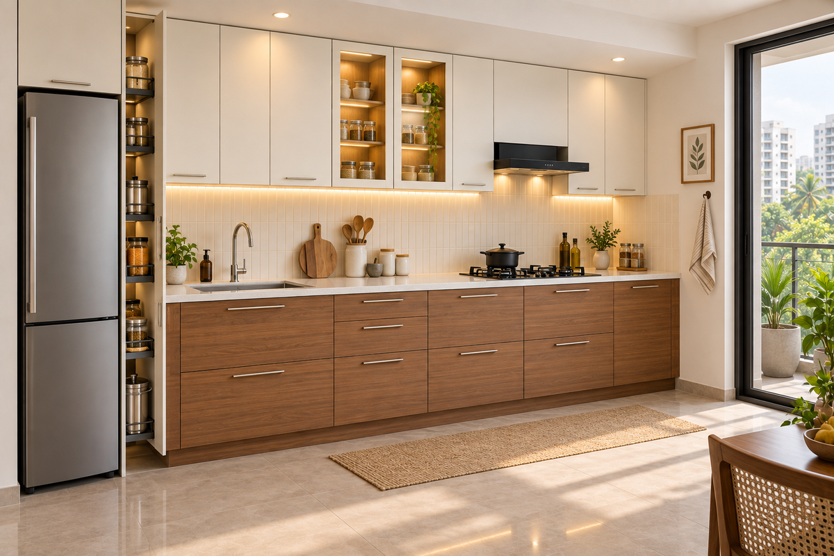 Sterling Straight modular kitchen in Warm White & Teak by Right Work Interior Bangalore