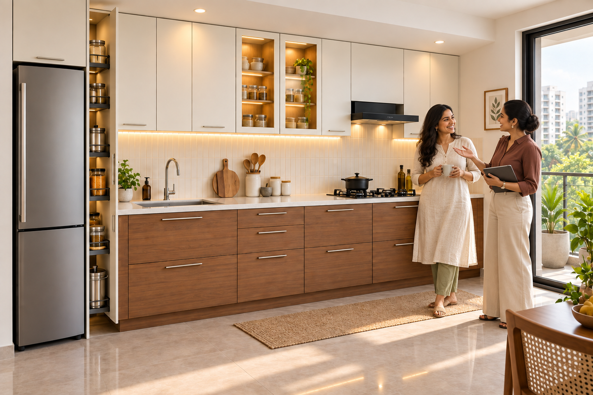 Indian homeowners with the Sterling Straight modular kitchen in Warm White & Teak