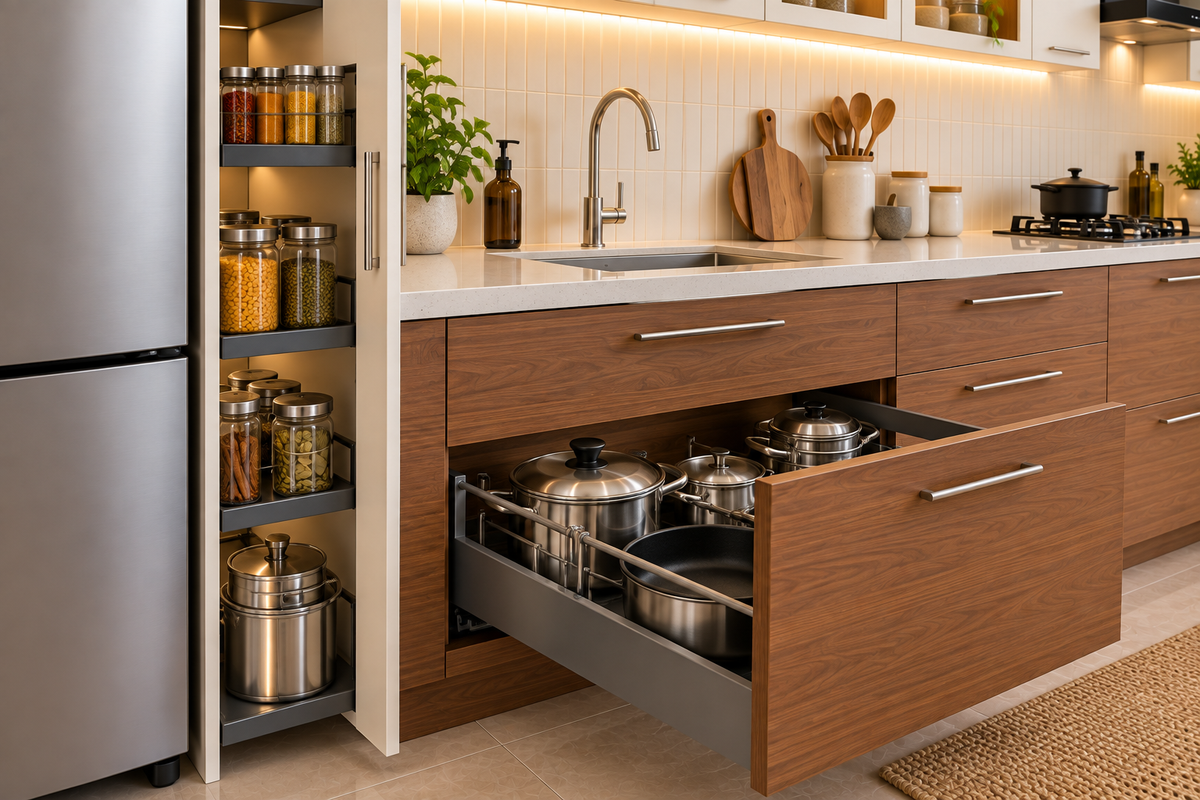 Cabinet and storage detail in Sterling Straight modular kitchen