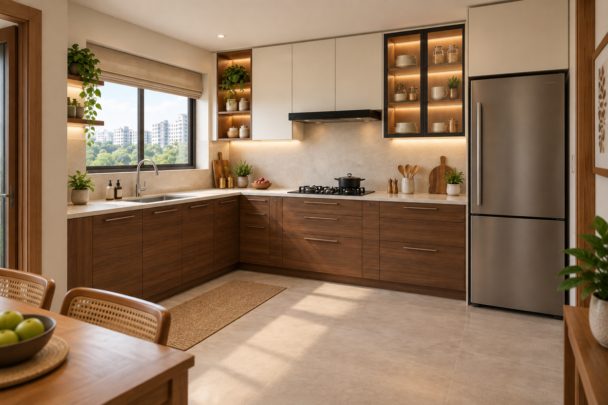 Second angle of Summit walnut and ivory L-shape kitchen